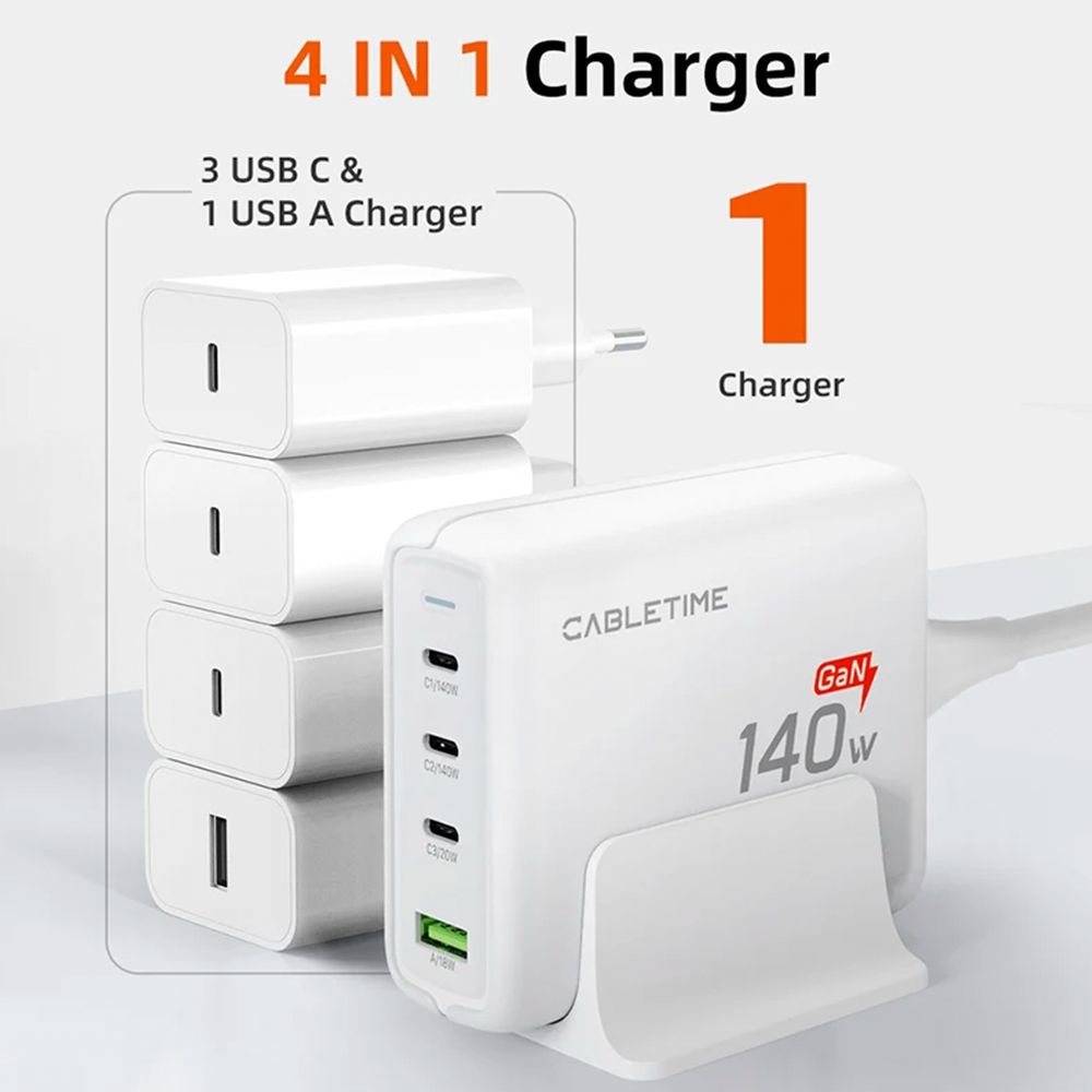 Estación de Carga de Escritorio CABLETIME 140W GaN 4 en 1 Cargador Rápido USB-C PD 3.1 con Base Soporte y Cable de 1.5m CT-GAN140-PWE S2343