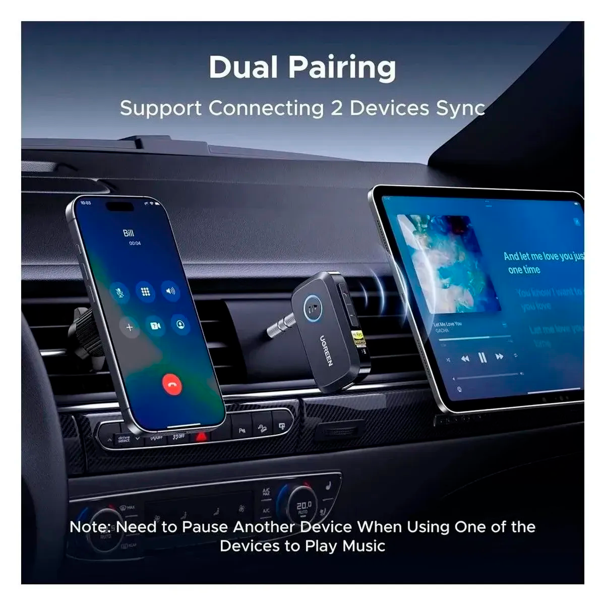 Receptor Bluetooth 6.0 UGREEN BT509 Hi-Res Audio LDAC Jack 3.5mm Auxiliar Batería 17 Horas Micrófono con Cancelación de Ruido IA y Emparejamiento Dual para Auto Parlantes y Audífonos 55546 S2370