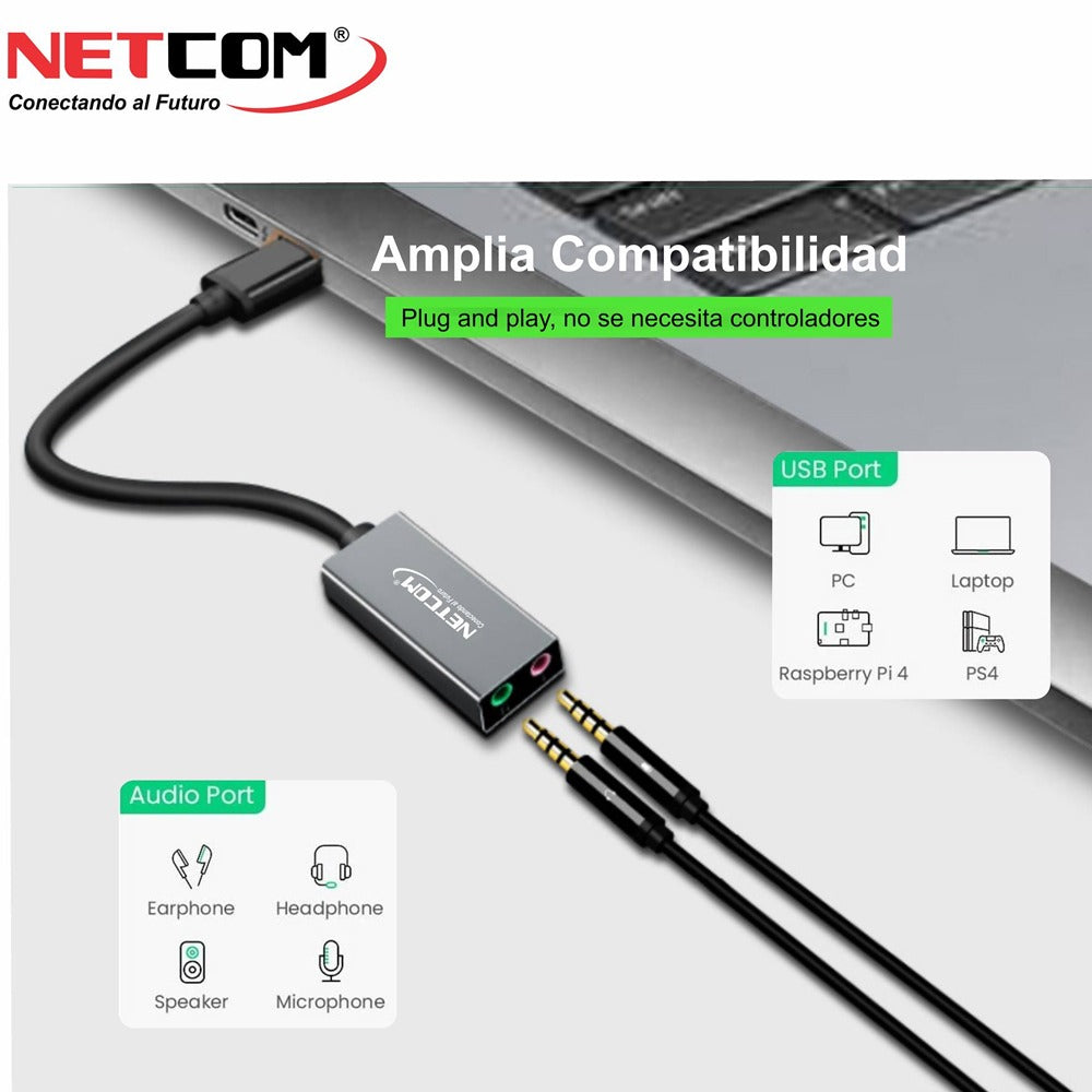 Tarjeta de Sonido Externa USB Microfono y Audifono Netcom S1182