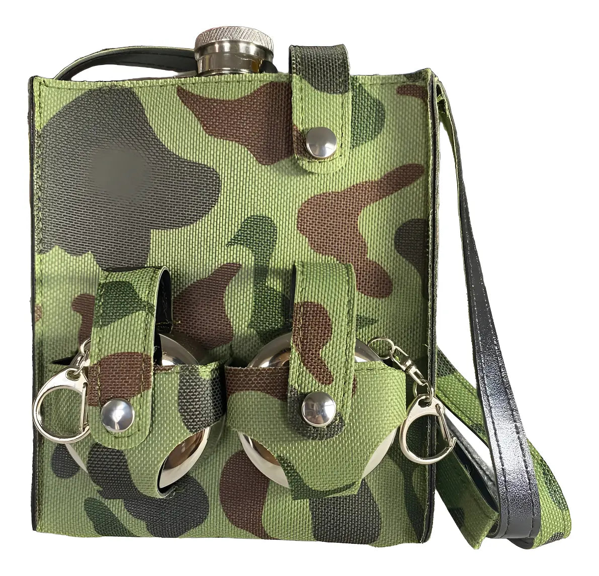 Licorera Petaca de Acero Inoxidable de 18 oz con 2 Vasos Plegables y Funda Camuflada S2161