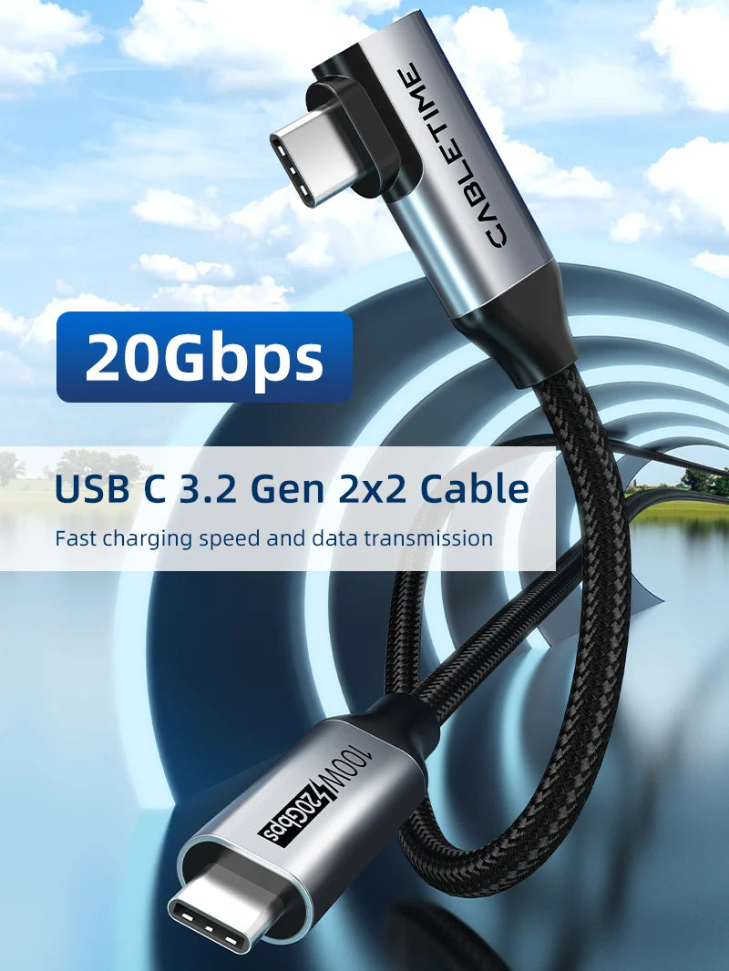 Cable USB-C a USB-C 90° CABLETIME 100W 20Gbps Video 4K 60Hz Chip E-Marker Nylon Trenzado s2269
