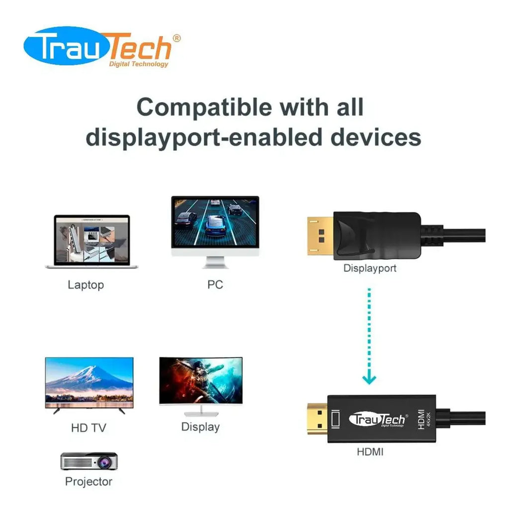 Cable Convertidor DisplayPort a HDMI 4K@30Hz TrauTech (1.8 Metros) s2101