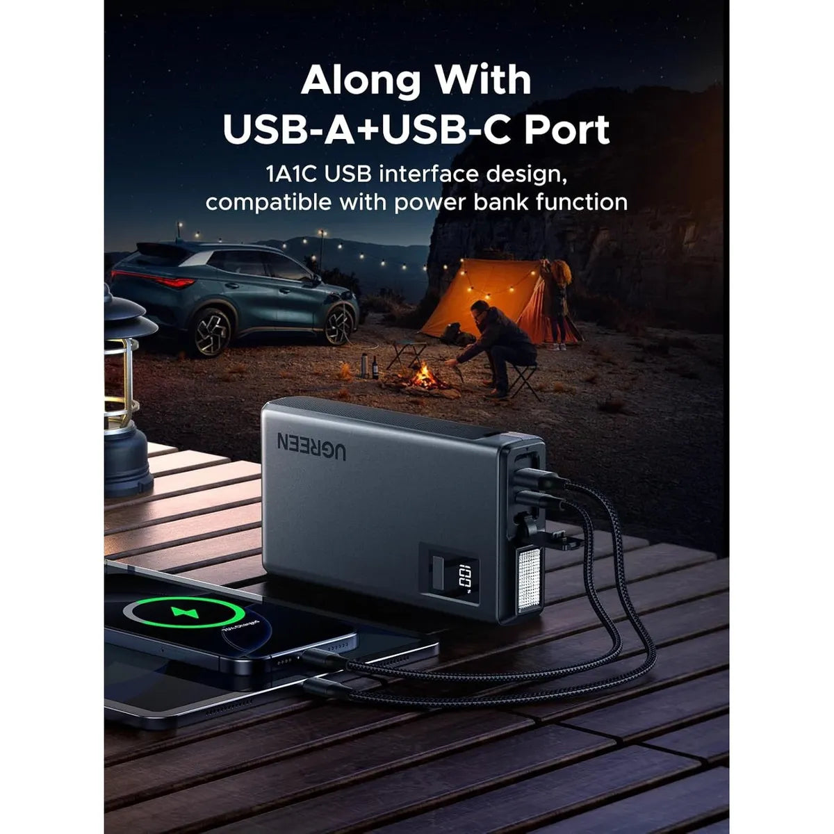 Arrancador de Batería para Auto UGREEN 1000A con Power Bank y Luz LED (12000mAh) S2094