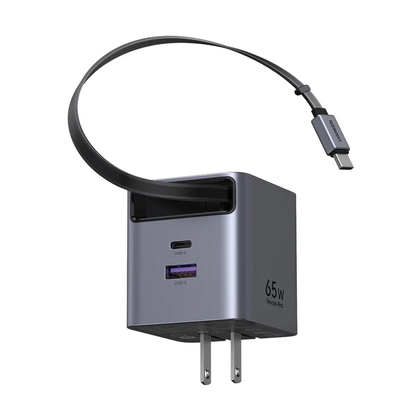Cargador de Pared UGREEN Nexode Pro 65W GaN Cable USB-C Retráctil 0.7m Dual Port USB-C y USB-A S2299