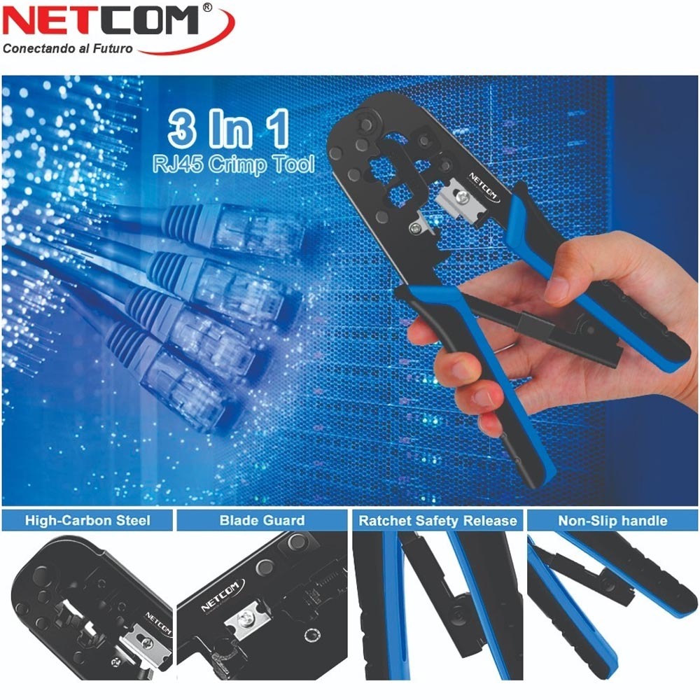 3 en 1 Crimpeador ponchadora rj45 cable de red pelador Netcom S1229