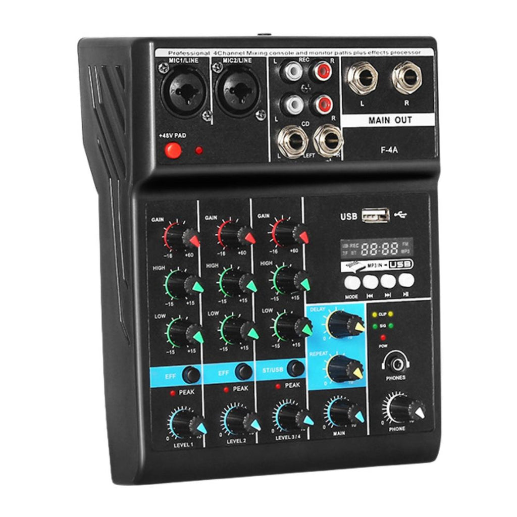 Consola Mezcladora de Audio Profesional 4 Canales Bluetooth USB Phantom +48V Tarjeta de Sonido F-4A s2256