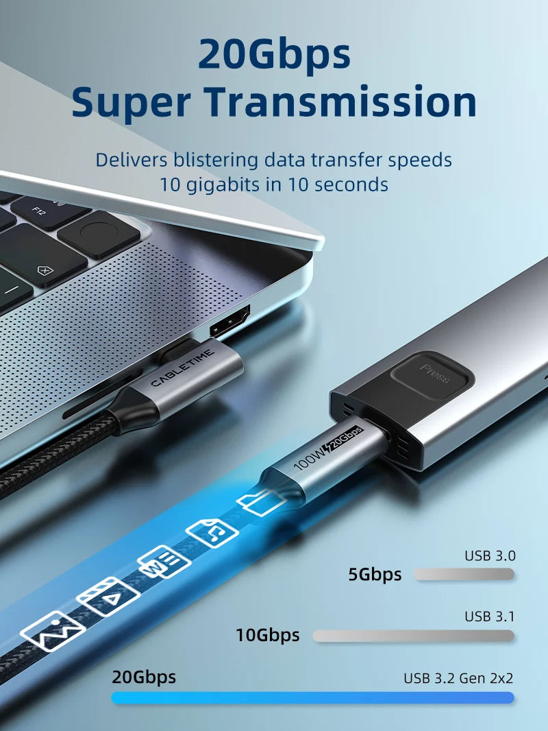 Cable USB-C a USB-C 90° CABLETIME 100W 20Gbps Video 4K 60Hz Chip E-Marker Nylon Trenzado s2269