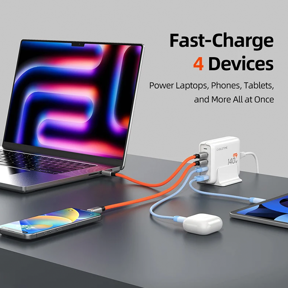 Estación de Carga de Escritorio CABLETIME 140W GaN 4 en 1 Cargador Rápido USB-C PD 3.1 con Base Soporte y Cable de 1.5m CT-GAN140-PWE S2343