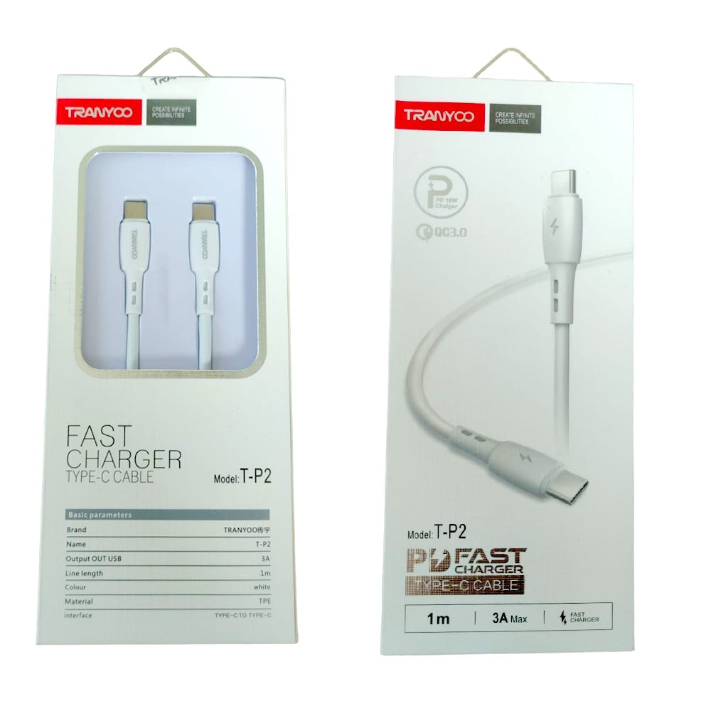 Cable 1 Metro TIPO C a TIPO C 3A TRANYOO carga rápida 18w blanco S1063