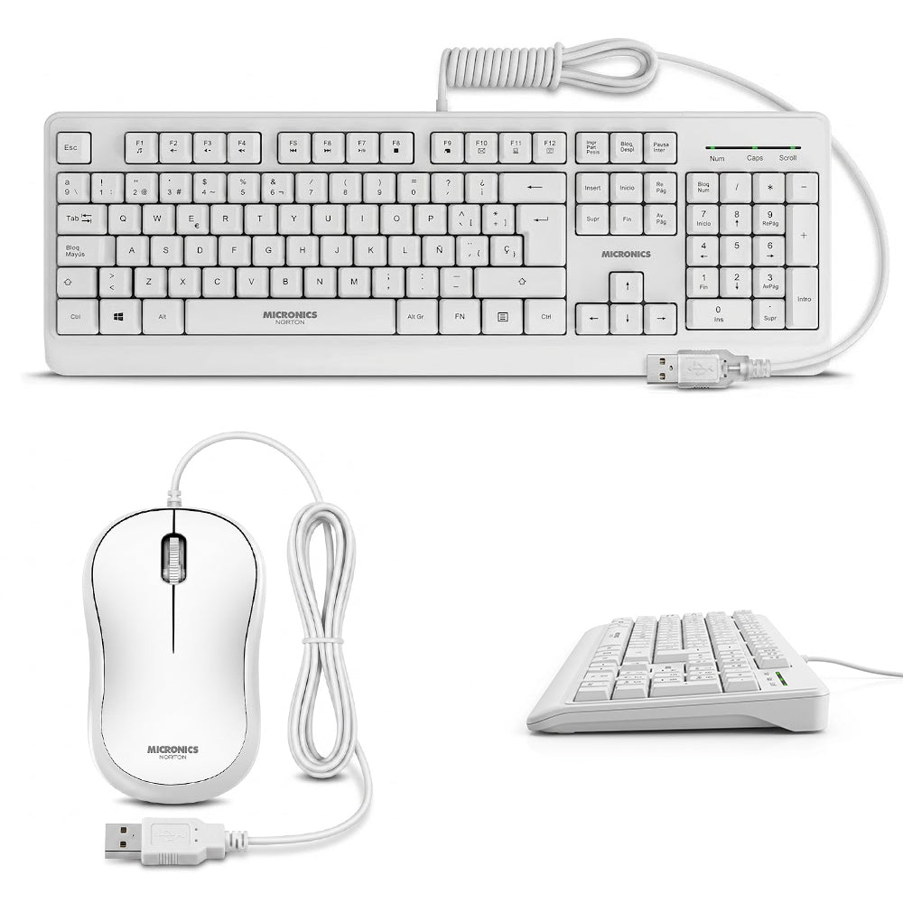 Kit Multimedia Teclado y Mouse USB Micronics Norton Blanco Waterproof UV 1000DPI MIC T100W s2240