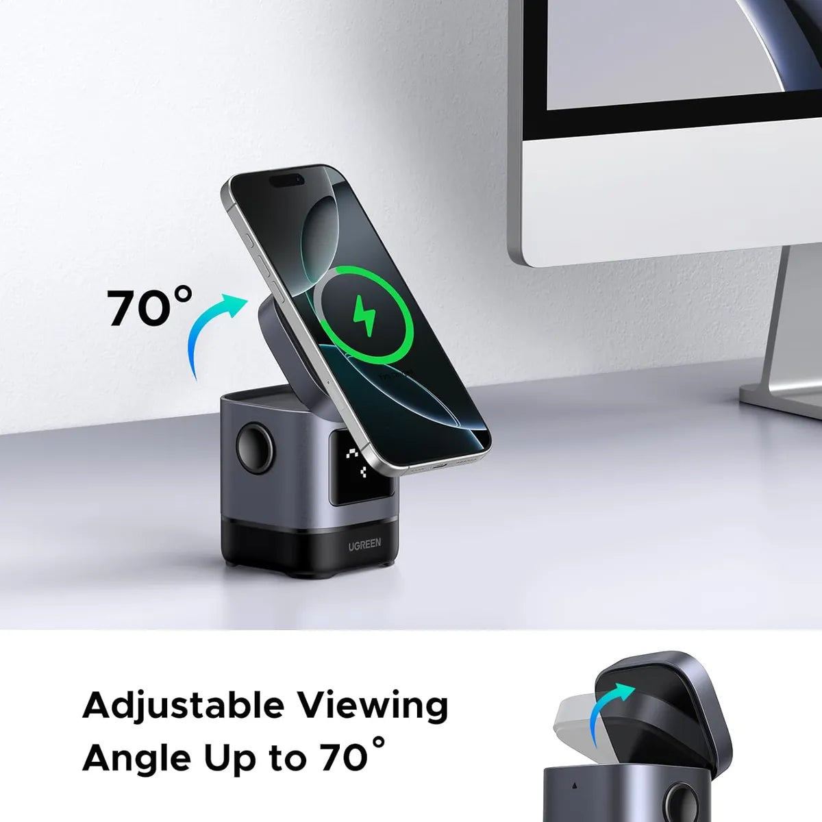 Estación de Carga Inalámbrica 2 en 1 UGREEN Uno 15W Qi2 MagSafe Pantalla Robot Ajustable 70° S2292