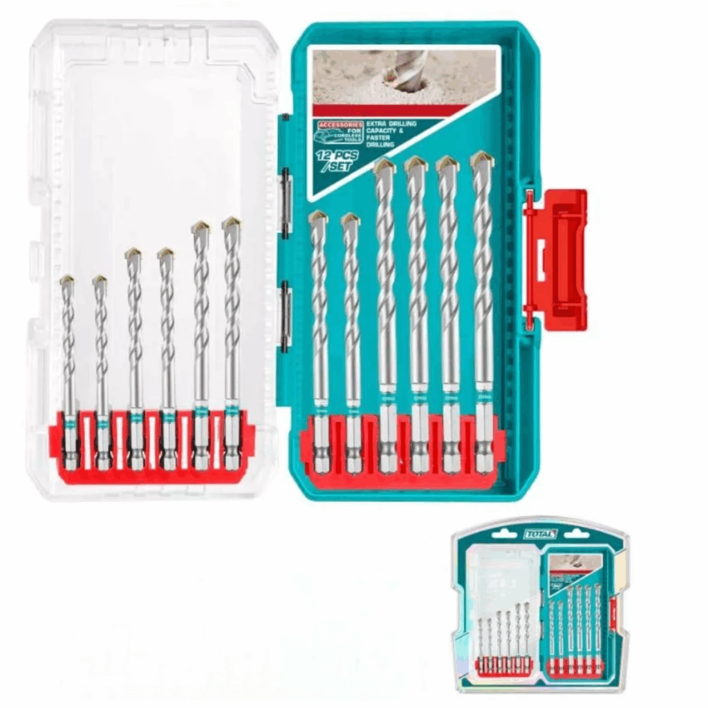 Juego de Brocas para Albañilería y Concreto 12 Piezas TOTAL 3-10mm Vástago Hexagonal 1/4" Punta de Carburo con Estuche Industrial S2323