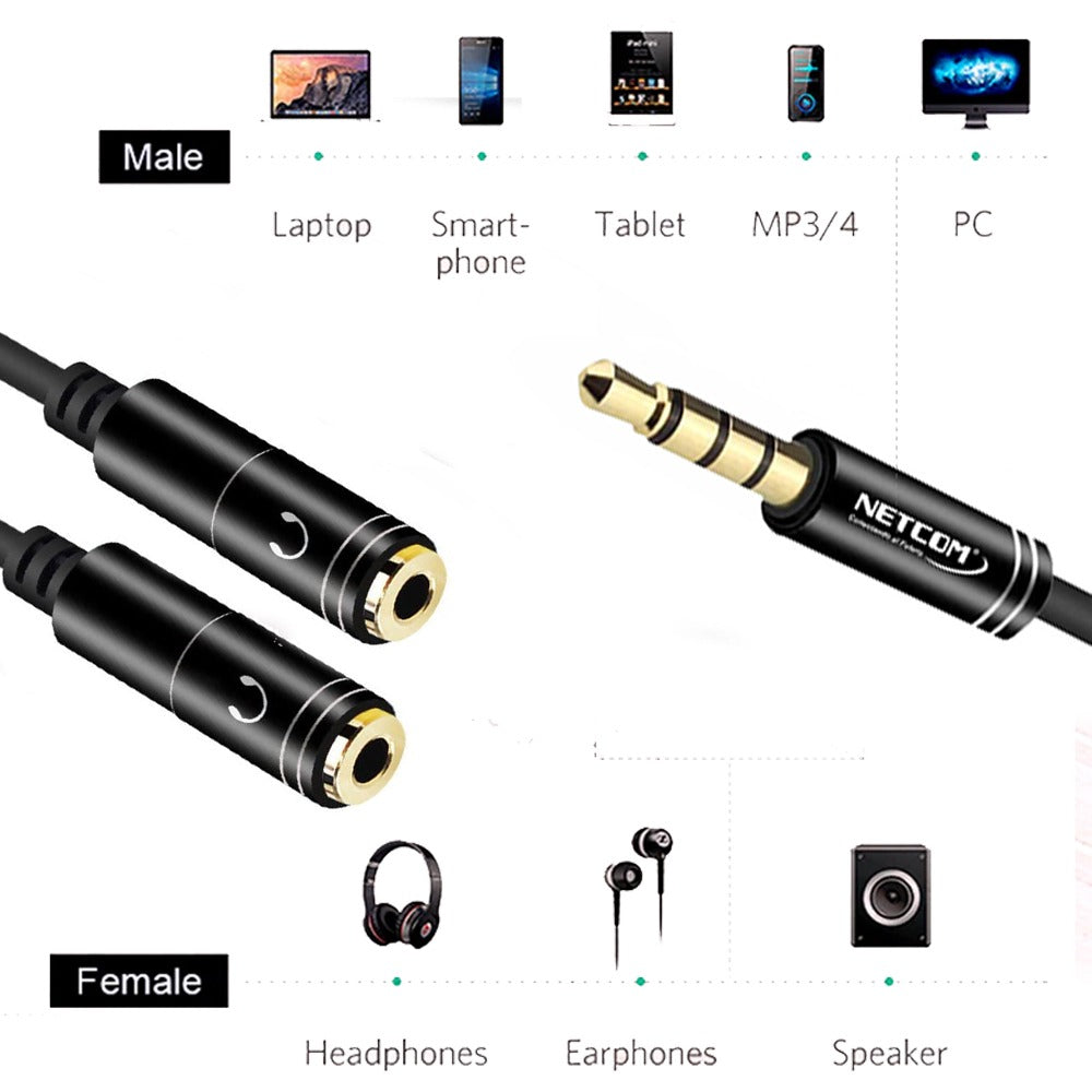 Adaptador Splitter Jack 3.5mm Audífonos Divisor 2 Hembra Mini netcom S1184