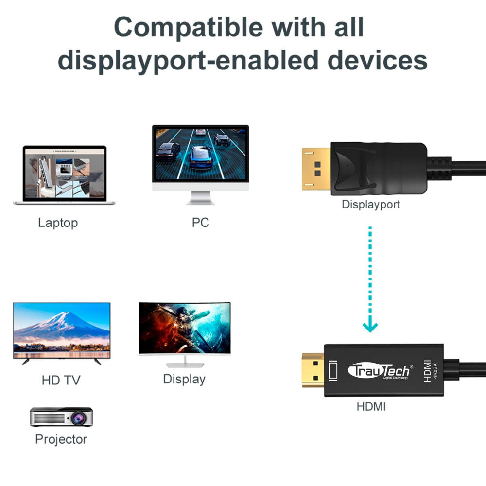 Cable Convertidor DisplayPort a HDMI 4K@30Hz TrauTech 1.8 Metros S2101
