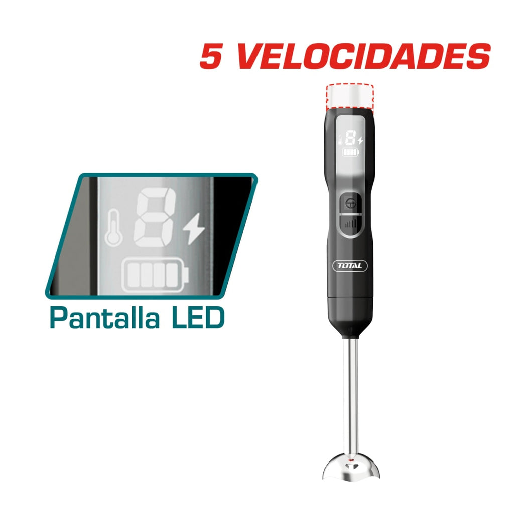 Batidora de Inmersión Inalámbrica TOTAL 16V 100W 5 Velocidades Pantalla LED Eje Acero Inoxidable Batería 2.0Ah y Cargador M16 TJB048K S2315