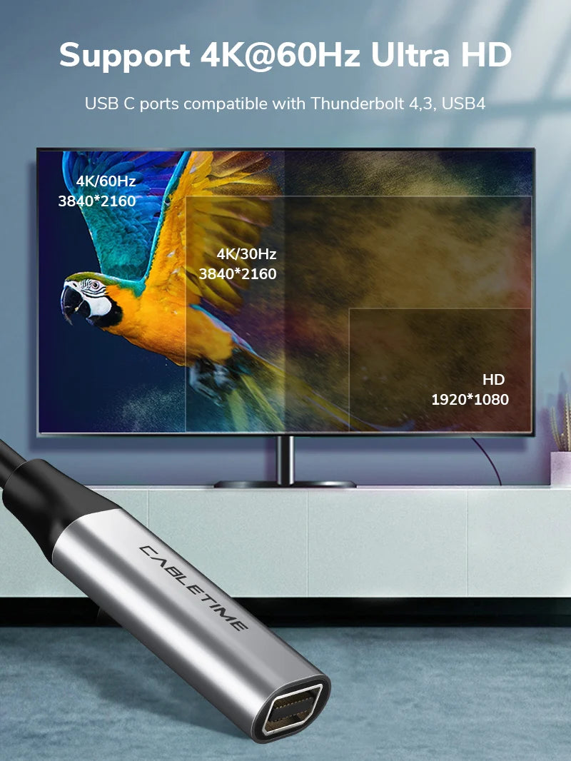 Adaptador USB-C a Mini DisplayPort CABLETIME 4K 60Hz 21.6Gbps Chip Activo Aluminio MacBook s2272