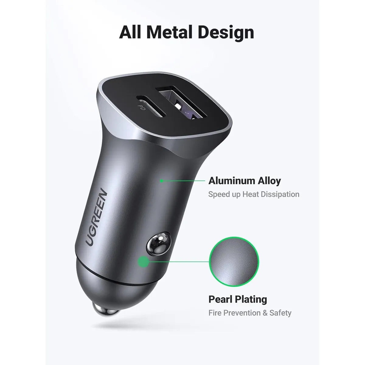 Mini Cargador de Auto UGREEN 30W Carga Rápida (USB-C y USB-A) s2083