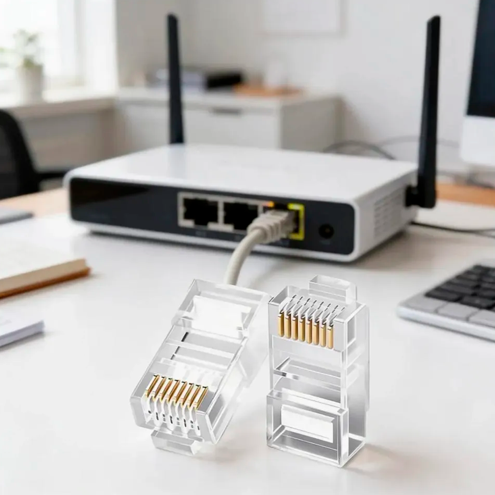 Conectores RJ45 Cat6 CABLETIME Pack de 100 Unidades Terminales 8P8C Chapados en Oro Contactos de 3 Puntas Carcasa de Policarbonato Transparente para Cable de Red UTP Gigabit 1000Mbps S2363