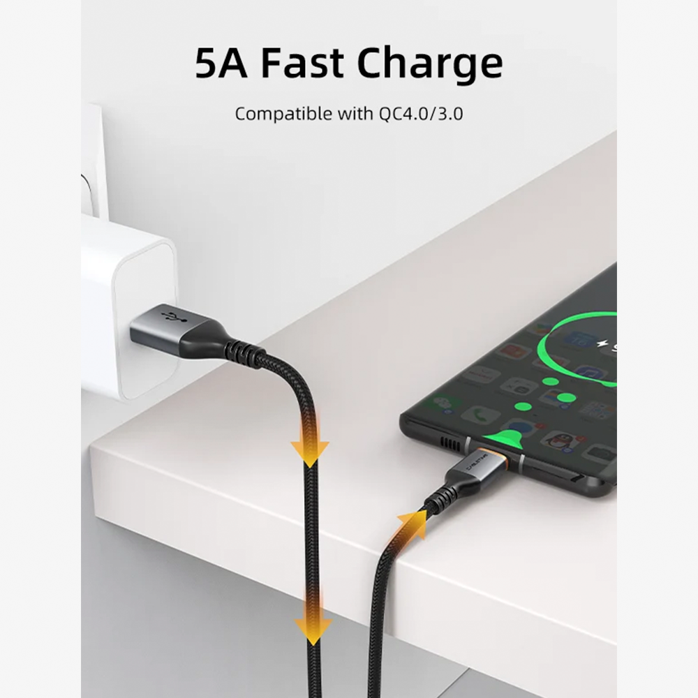 Cable USB-A a USB-C CABLETIME 5A Carga Rápida 1 Metro QC 4.0/3.0 Núcleo de Cobre Engrosado Carcasa de Aluminio y Malla Trenzada S2352