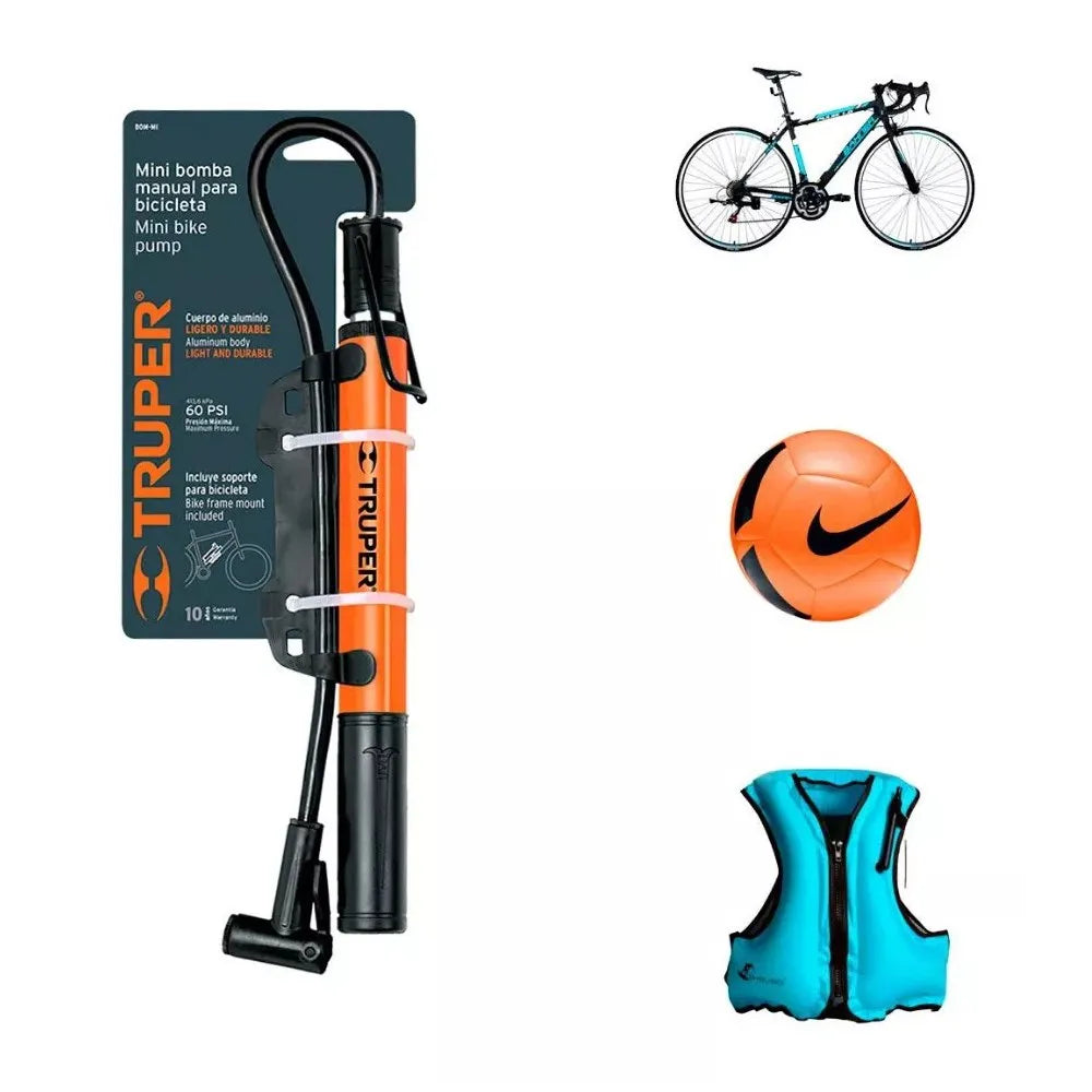 Mini Inflador Bomba de Aire 60 PSI Manual TRUPER | Para Bicicleta y Motocicleta S1458