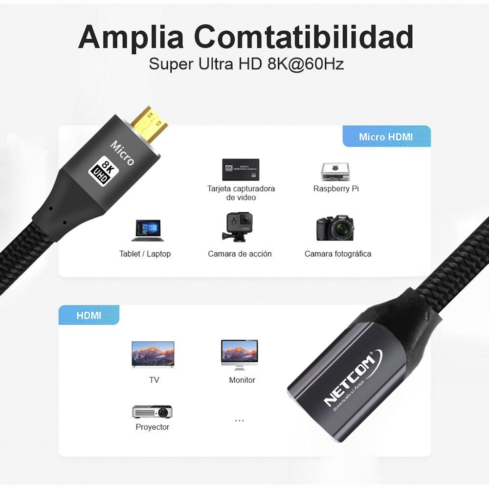Cable adaptador convertidor Micro HDMI a HDMI Hembra 8K 60Hz NETCOM 4K 120Hz Alta Velocidad 48Gbps S2059