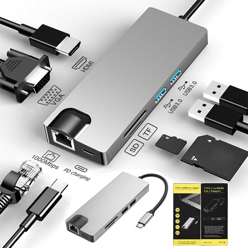Adaptador Tipo C a HDMI 4K USB 3.0 Lan 8 en 1 Multipuerto S0755