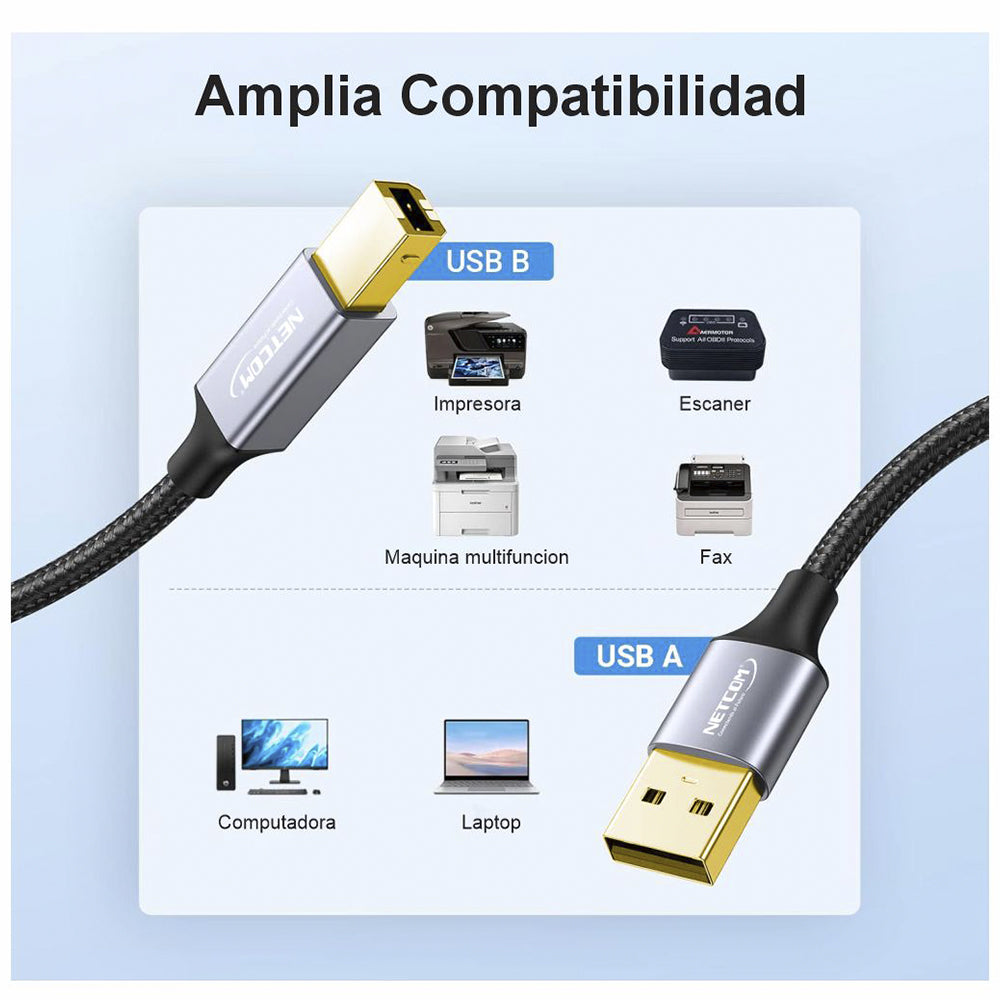 Cable USB 2.0 para impresora 3 Metros NETCOM 480Mbps USB A a USB B S2057