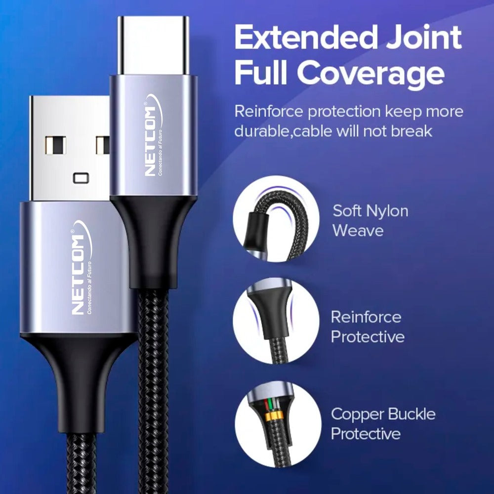 Cable USB a tipo C NETCOM 3A carga rápida 1.8 Metros S1349