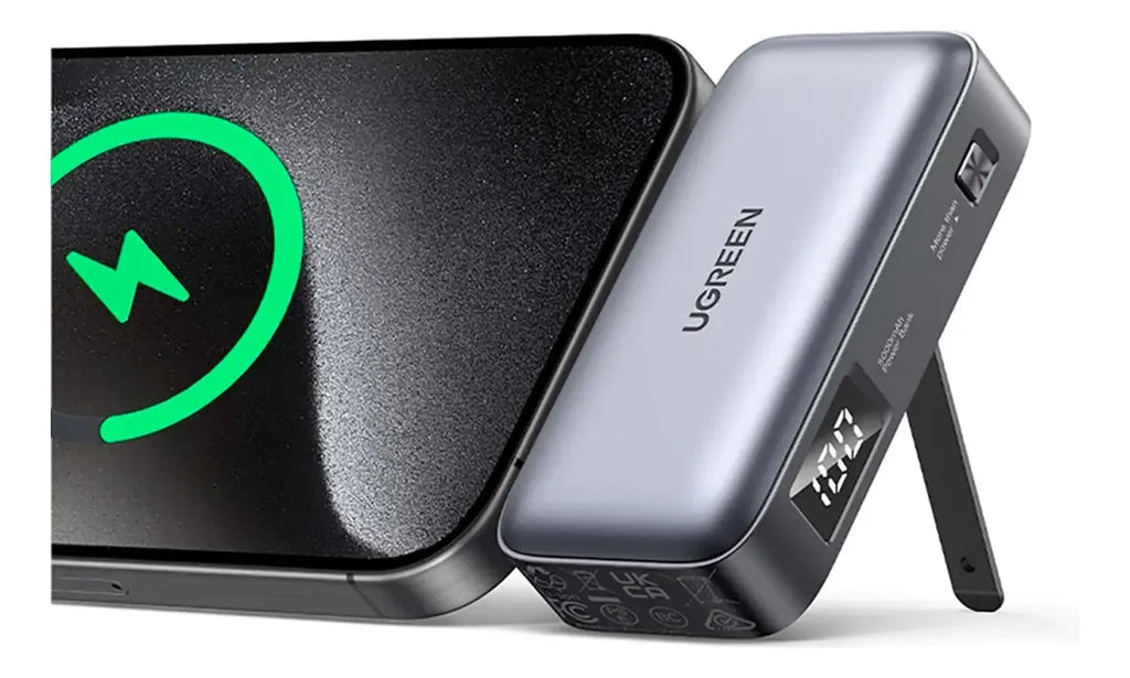 Mini Power Bank Ugreen 5000 mAh Carga Rápida 20W USB-C Integrado PB503 con Soporte y Pantalla LED S2200