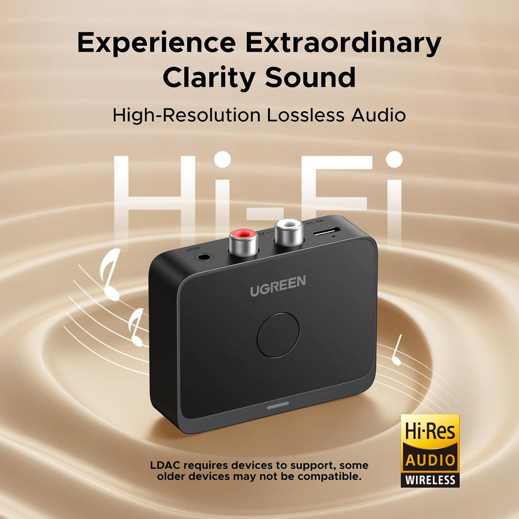 Receptor de Audio Bluetooth 6.0 Ugreen con LDAC Hi-Res Audio Salida RCA y 3.5mm Batería 15H S2212