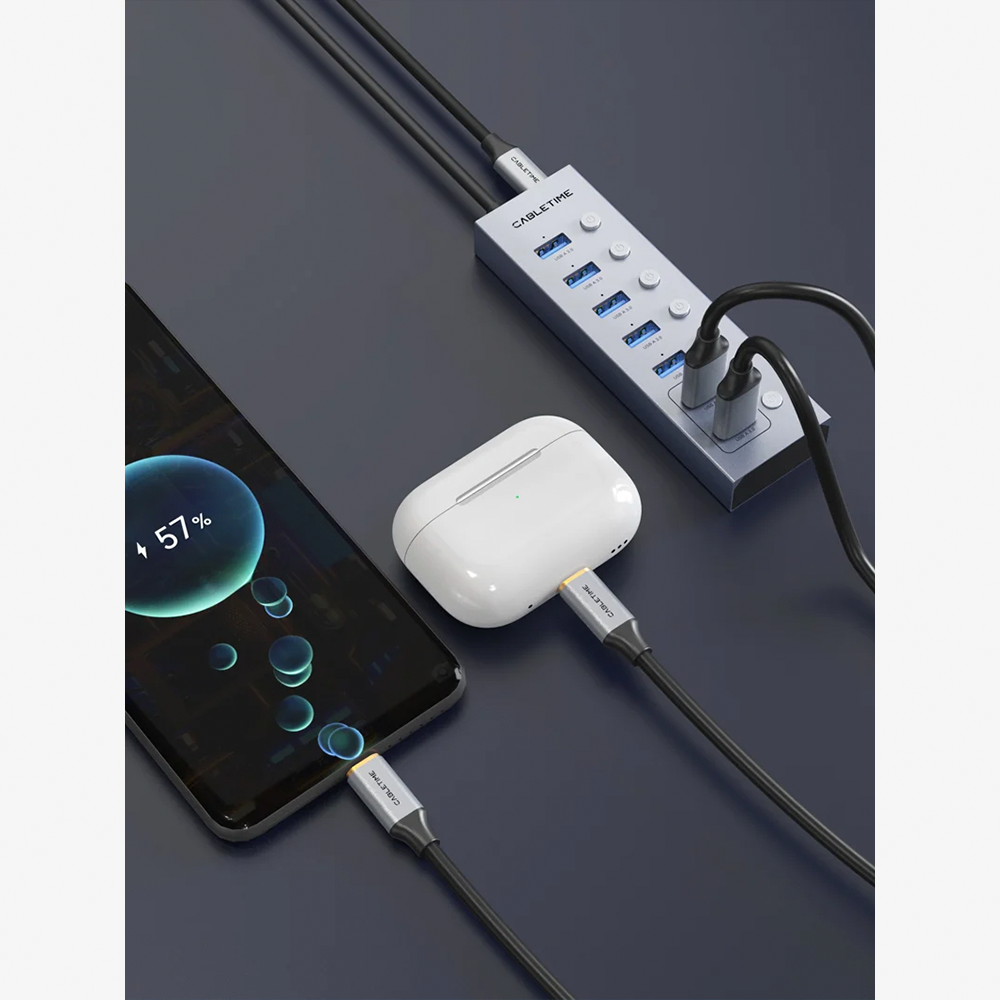 Hub USB 3.0 de 7 Puertos CABLETIME con Interruptores Individuales LED Cable Largo de 1 Metro Alimentación Auxiliar USB-C 5V y Doble Chip GL3510 para PC y Laptop S2361