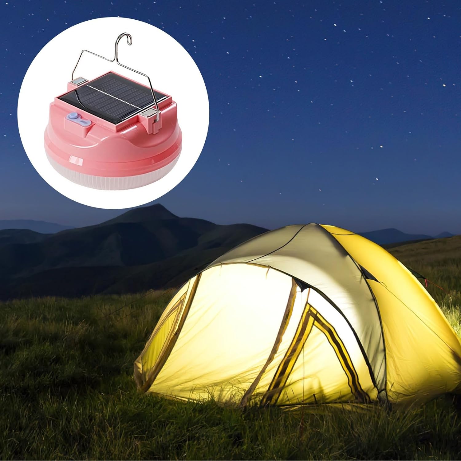 Lámpara Solar Portátil de Camping con Batería de Alta Capacidad y Gancho Versátil (Color Rosado) S2151