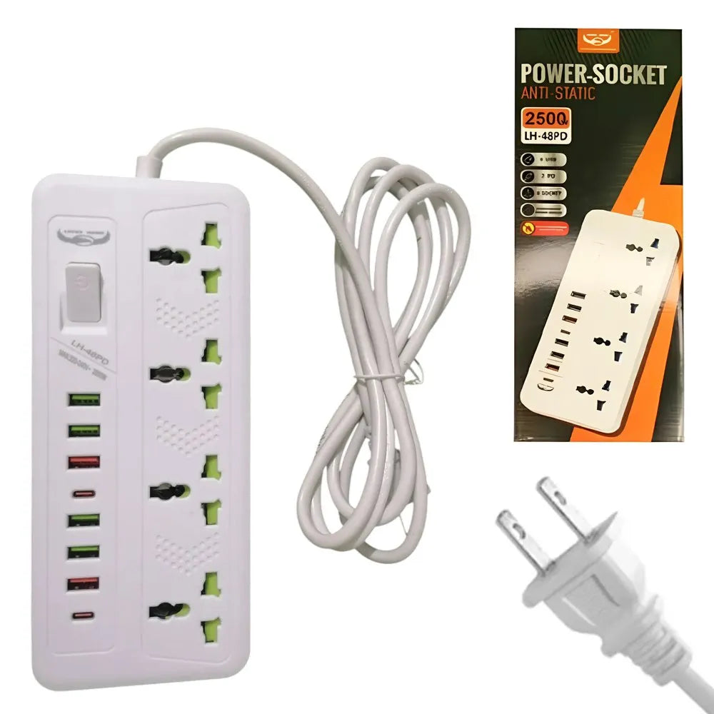 Regleta Eléctrica 6 USB + 4 Tomas Carga Rápida PD 2m Cable 2500W S1931