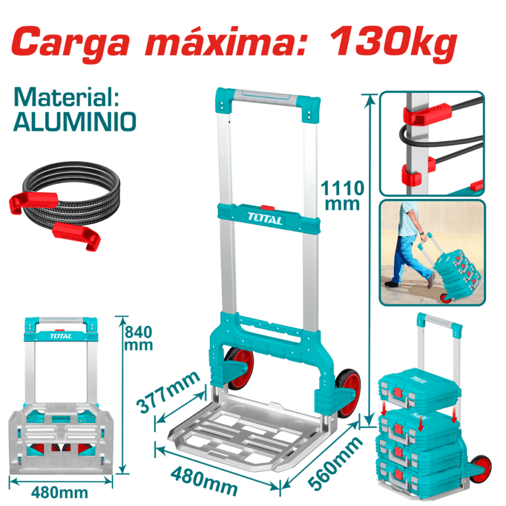 Carro de Carga Plegable TOTAL Industrial 130kg de Aluminio con Ruedas TPR 175mm y Cuerda Elástica THWB61201 S2325