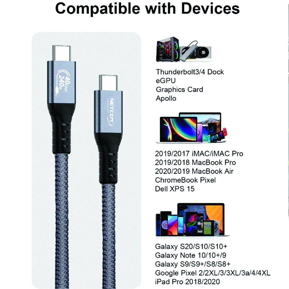 Cable USB-C Thunderbolt 4 NETCOM 60Hz 40Gbps 8K PD 240W 1 Metro S1262