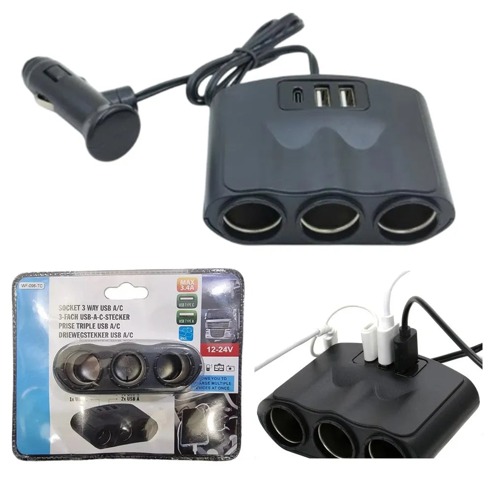 Splitter Cigarrera de Carga para Auto 3 Sockets + 3 USB (Inc. Tipo C) | SEISA S1986