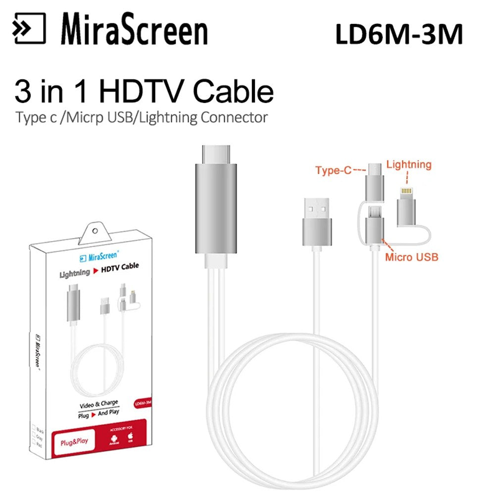 Cable Adaptador Android Tipo C y Lightning a HDMI 3 en 1 MiraScreen S1603