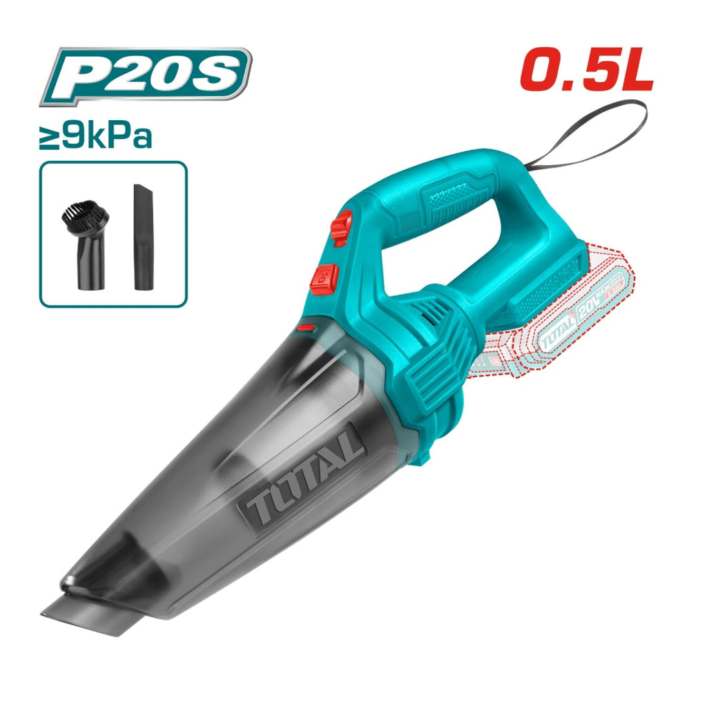 Aspiradora de Mano Inalámbrica TOTAL 20V 0.5L Succión ≥9kPa Portátil con Boquilla y Cepillo TVLI201261 S2315
