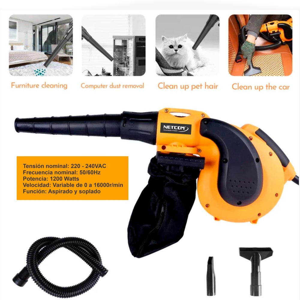 Soplador Aspirador de Aire 1200w NETCOM Pc Laptop Limpieza carro S14011