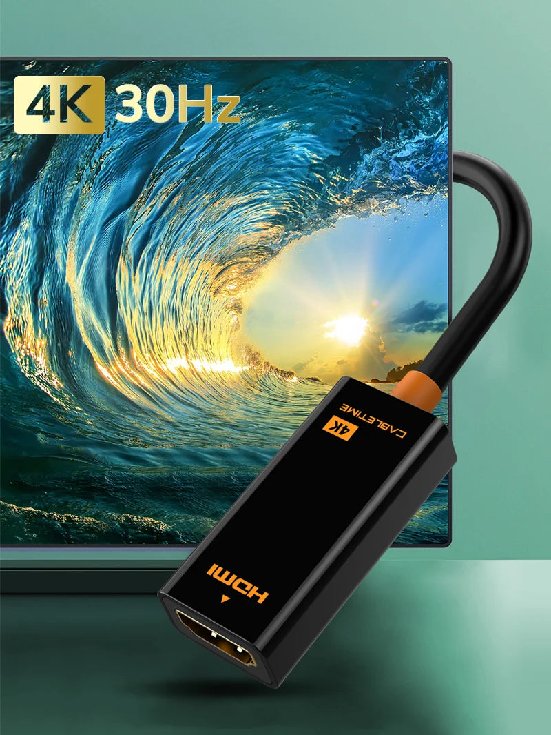 Adaptador DisplayPort a HDMI CABLETIME 4K 30Hz Seguro Latch Bañado en Oro PVC Negro/Naranja CP21B S2276