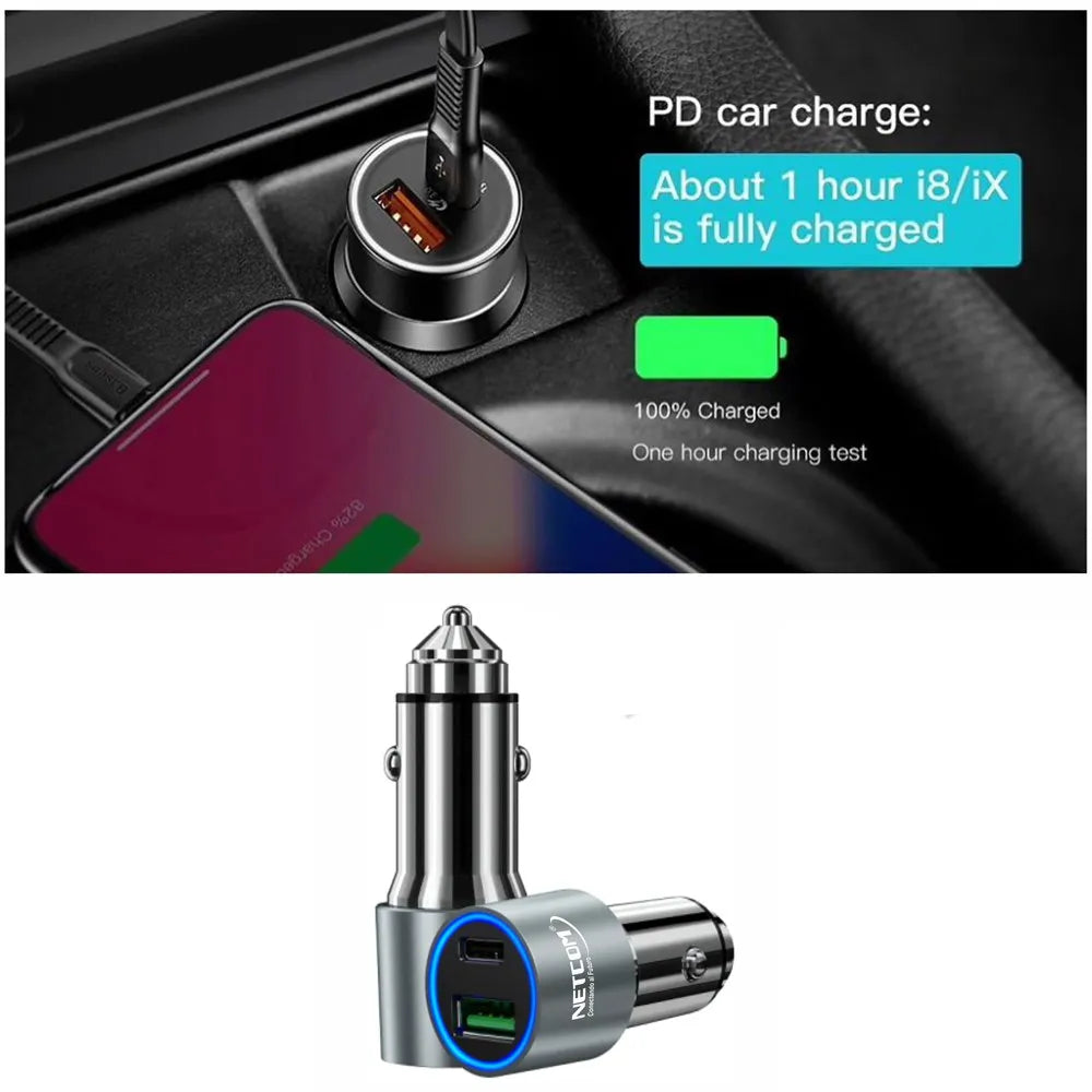 Cargador para Auto 1 USB QC3.0 1 TIPO C NETCOM 3.4A 12V 24V C Rápida S1687
