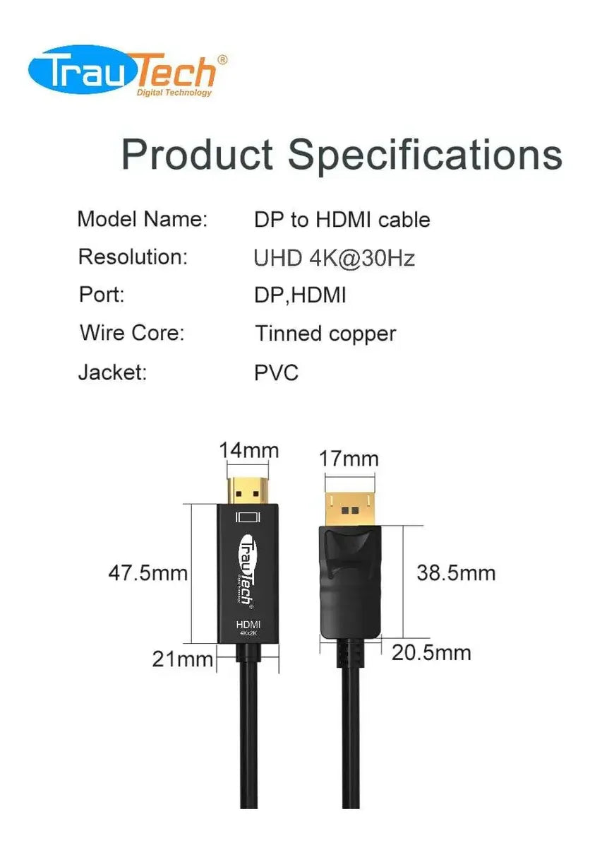 Cable Convertidor DisplayPort a HDMI 4K@30Hz TrauTech (1.8 Metros) s2101