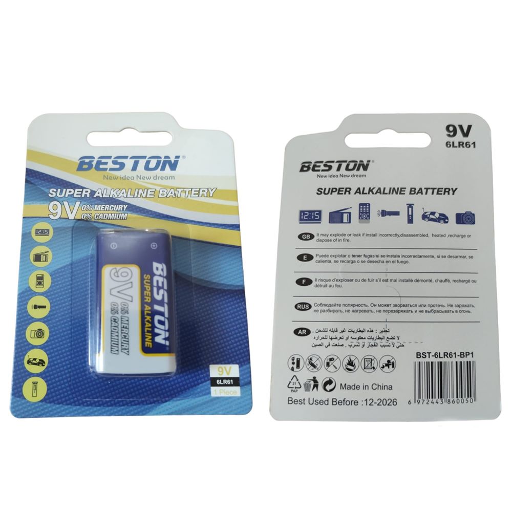 12 Baterías alcalina 9V Beston BST-6LR61-BP1 pila 9v sin mercurio S1243