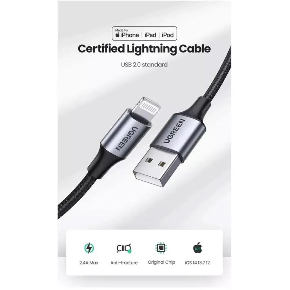 Cable USB-A a Lightning Ugreen Trenzado Carcasa de Aluminio 1 Metro Negro S2201