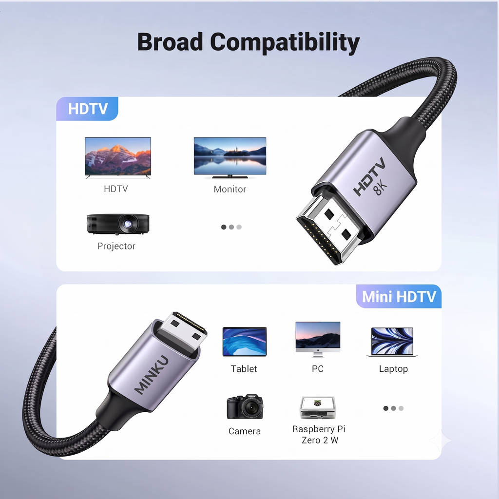 Cable Mini HDMI a HDMI 2.1 Bidireccional 8K a 60Hz 48Gbps MINKU de 2 Metros S2191