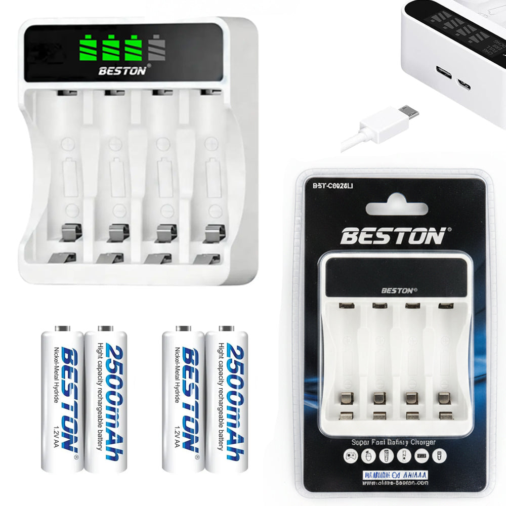 Kit Cargador Inteligente de Pilas con Pantalla LCD 4 puestos + 4 pilas AA Ni-MH S2005