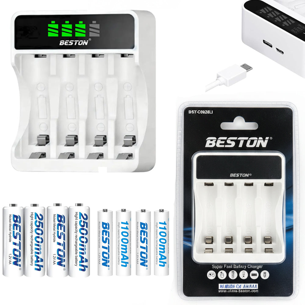 Kit Cargador Inteligente de Pilas + 4 AA y 4 AAA Ni-MH con Pantalla LCD 4 puestos S2007