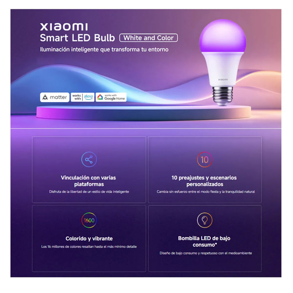 Foco Inteligente Xiaomi LED E27 RGB White & Color 806 Lúmenes Compatible con Matter Alexa Google Home S2232