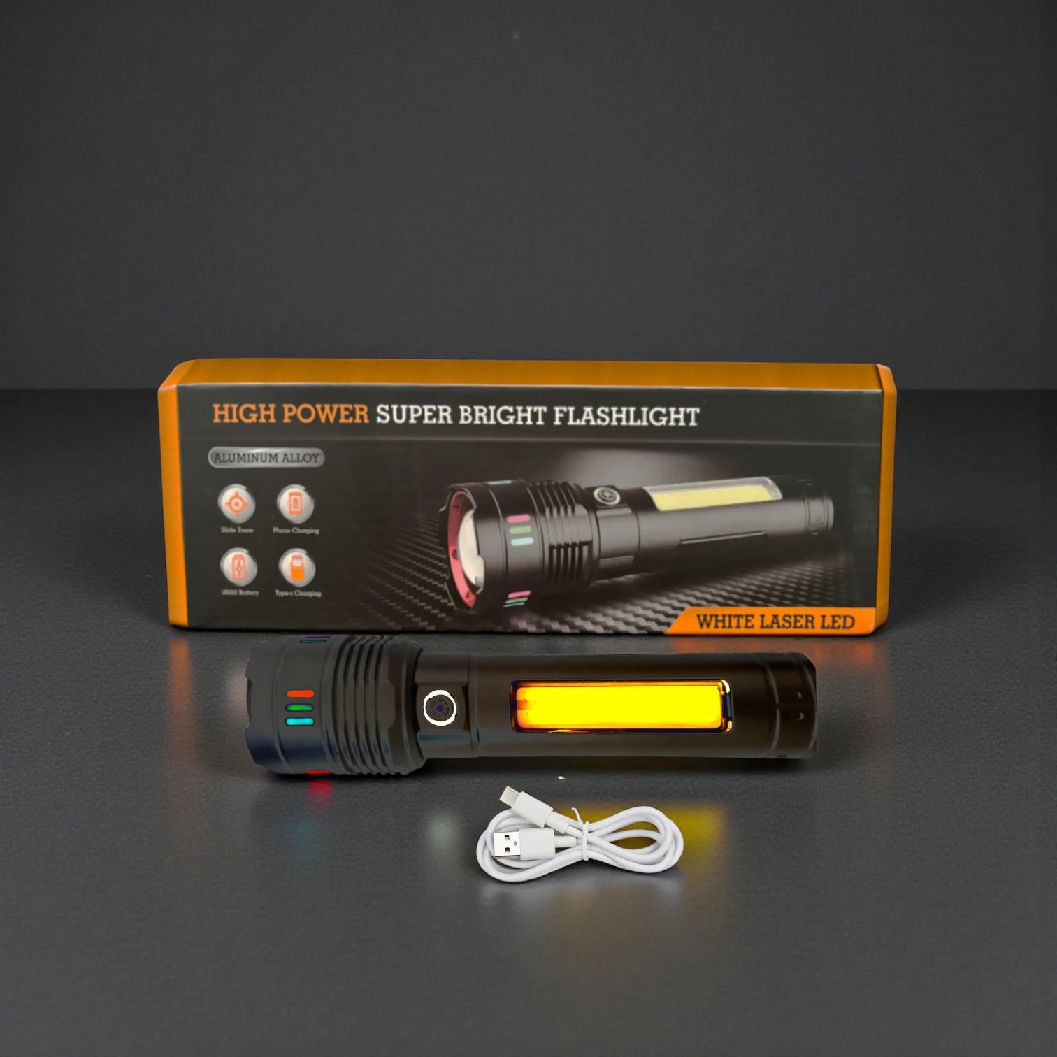 Linterna Táctica de Aluminio con Luz Lateral COB y Power Bank (6000mAh) s2076