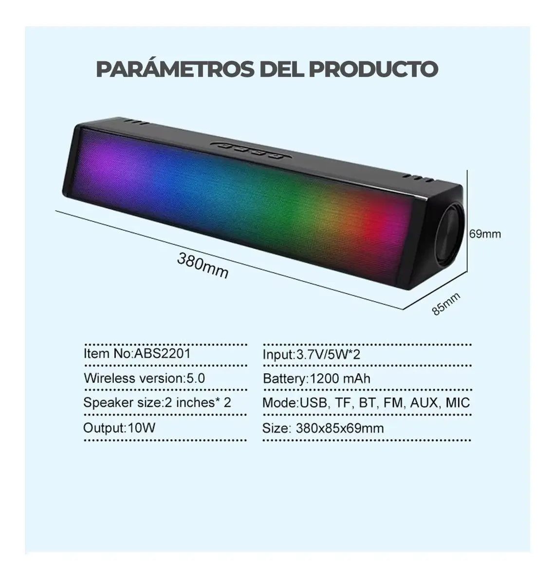 Parlante Portátil Bluetooth Soundbar 10W con Luces RGB y Función TWS S2157